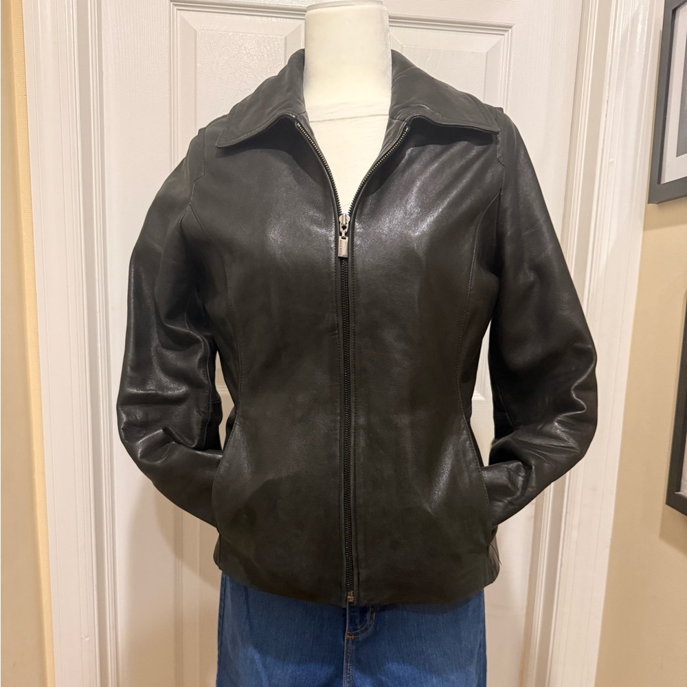 Anne Klein Black Leather Coat with removable faux fur lining Sz Small